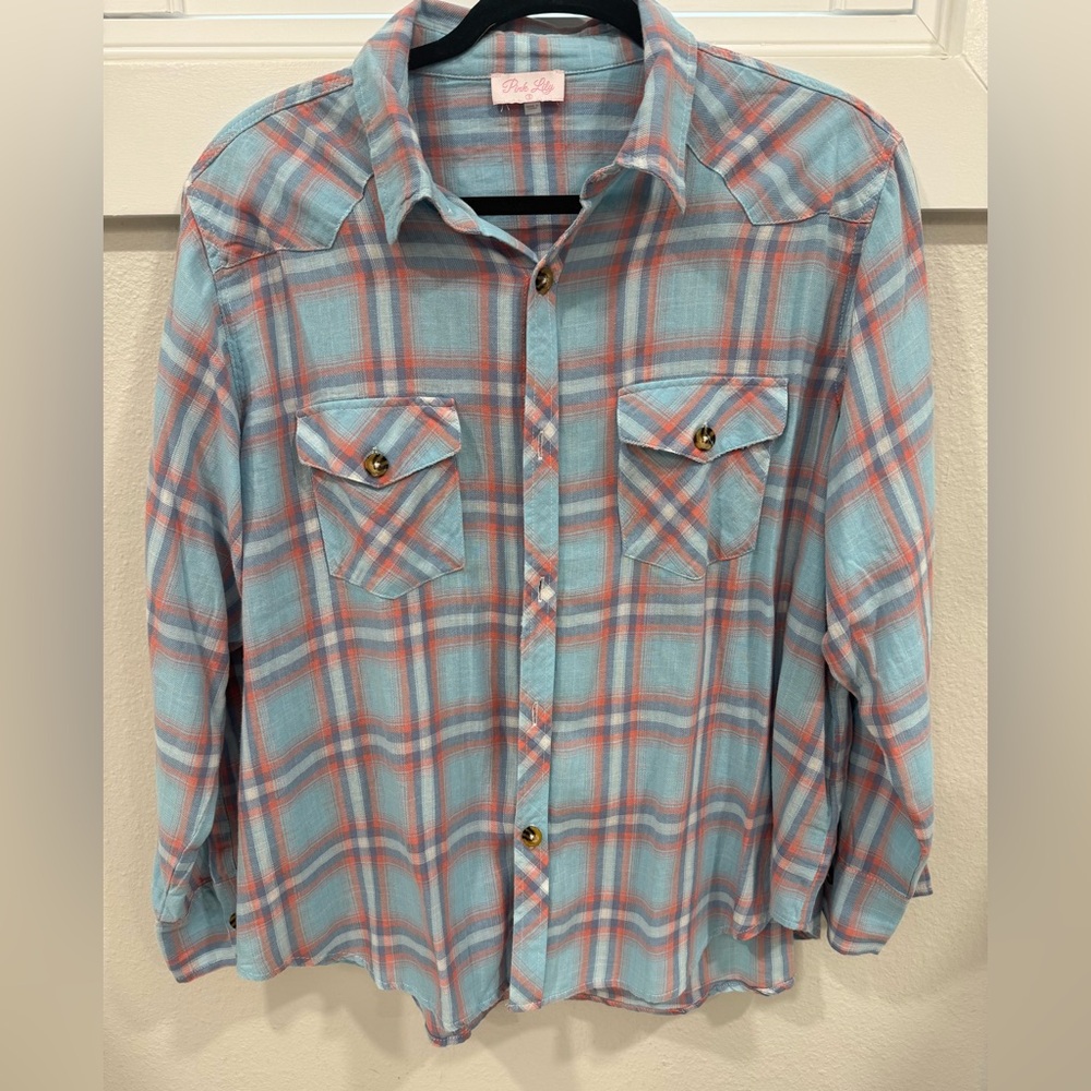 Pink Lily Blue and Red Casual Button Down Shirt